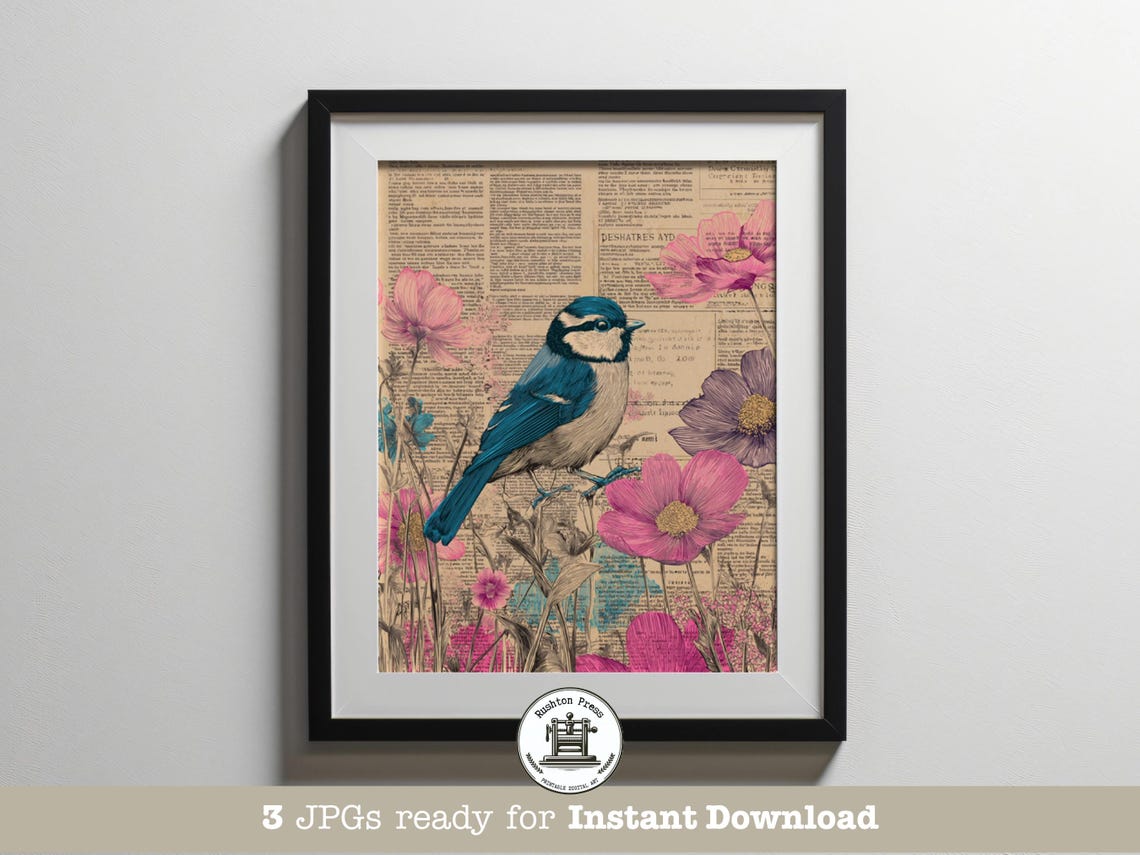 Blue Tit Bird Vintage Floral Newsprint Nature Illustration Poster
