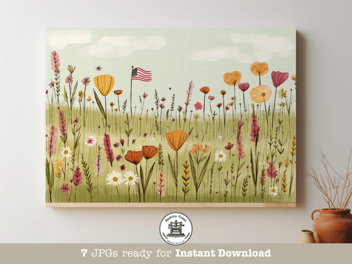 Wildflower Meadow Small American Flag Patriotic Folk Art Poster