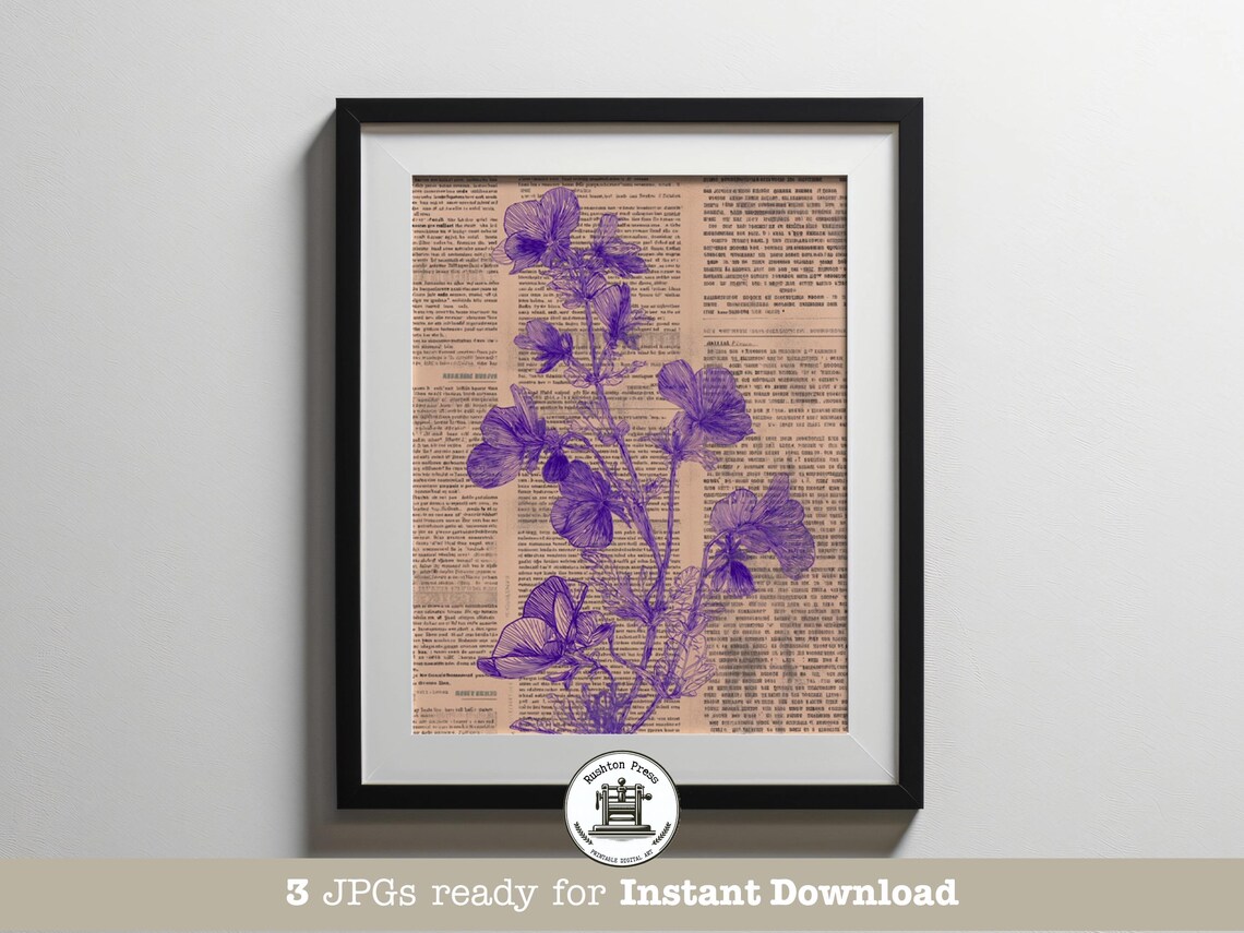 Vintage Purple Pansy Print Botanical Ephemera Art