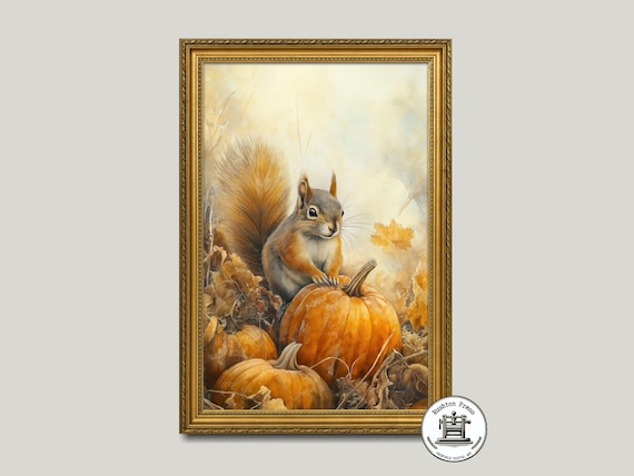 Squirrel Pumpkin Patch Watercolor Print Autumn Wall Art