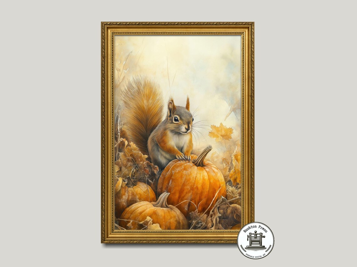 Squirrel Pumpkin Patch Watercolor Print Autumn Wall Art