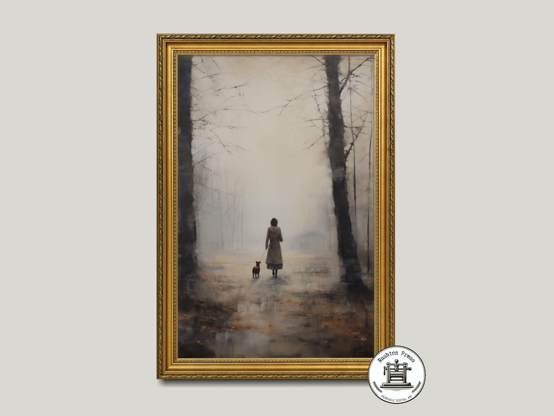 Woman and Dog Walking in Misty Gray Forest Moody Landscape Poster