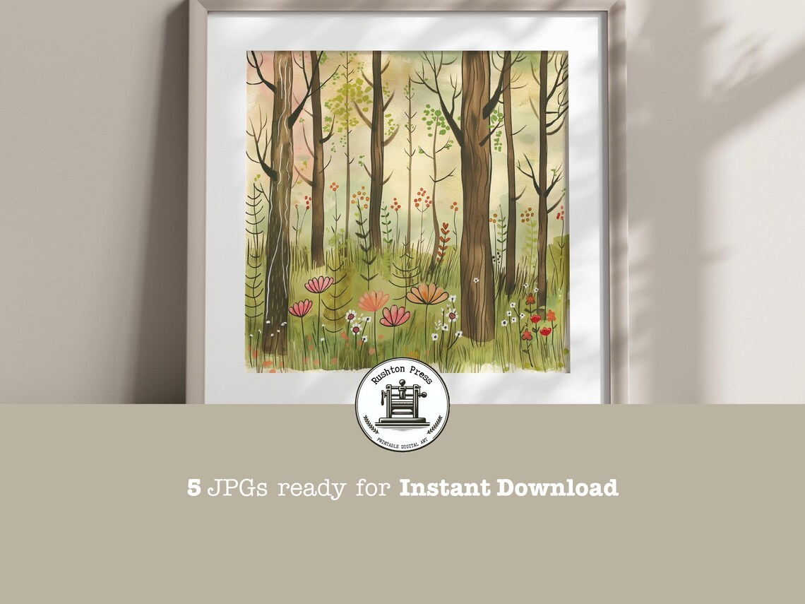 Spring Woodland Wildflowers Tall Trees Storybook Forest Nature Art Print