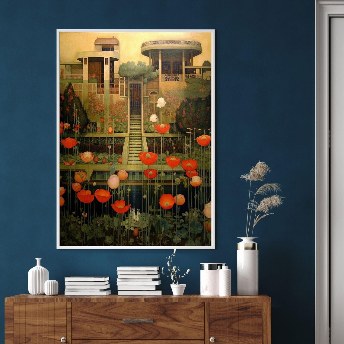 Art Deco Villa with Red Poppy Flower Garden Architectural Art Poster - Image 4