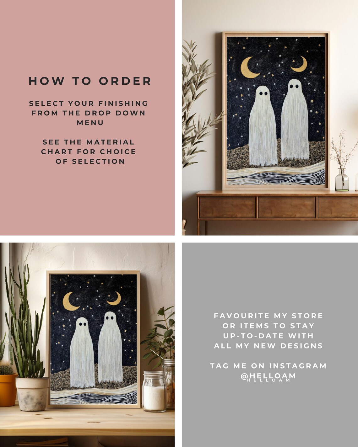 Two Cute Ghosts Under Starry Night Sky With Golden Moons Halloween Poster - Image 2