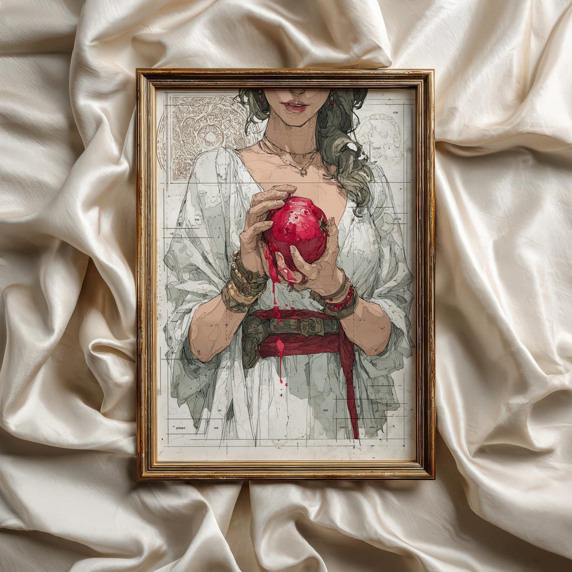 Greek Goddess Persephone Pomegranate Moody Ink Illustration Art Print