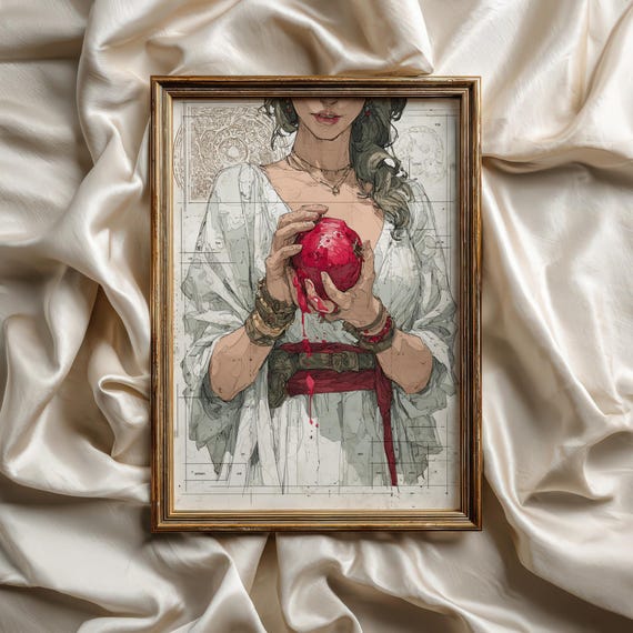 Greek Goddess Persephone Print Pomegranate Mythology Art Moody Ink Drawing Bookish Wall Decor