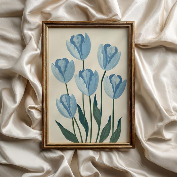 Light Blue Tulip Print Modern Southern Botanical Wall Art