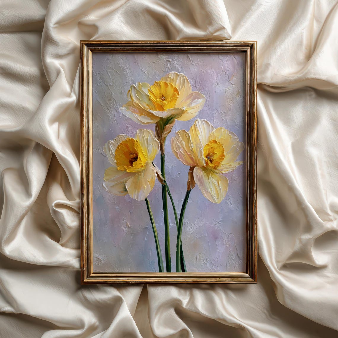 Three Yellow Daffodils Impasto Oil Painting Spring Floral Wall Art