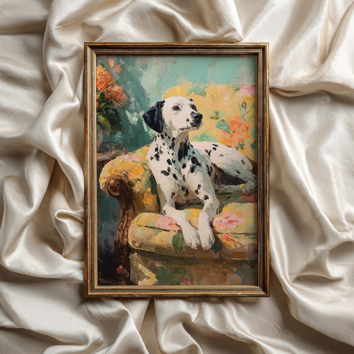 Dalmatian Portrait on Yellow Floral Sofa Impressionist Dog Poster