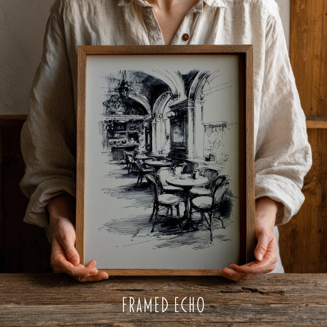 Paris Bistro Interior Ink Drawing Vintage French Cafe Art Poster