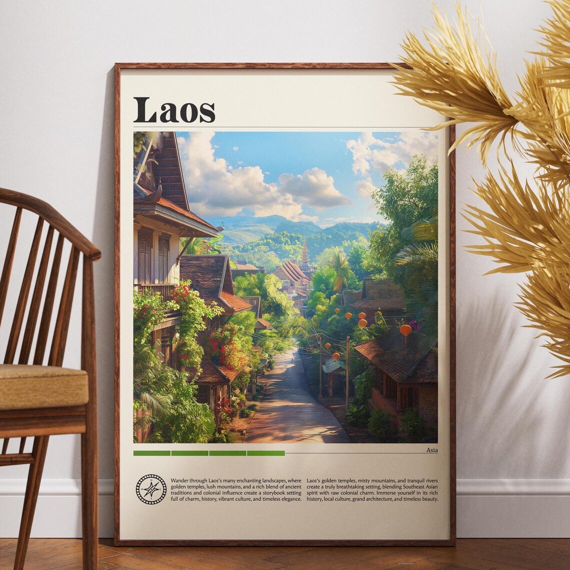 Laos Golden Temple Street Lanterns Tropical Town Travel Poster