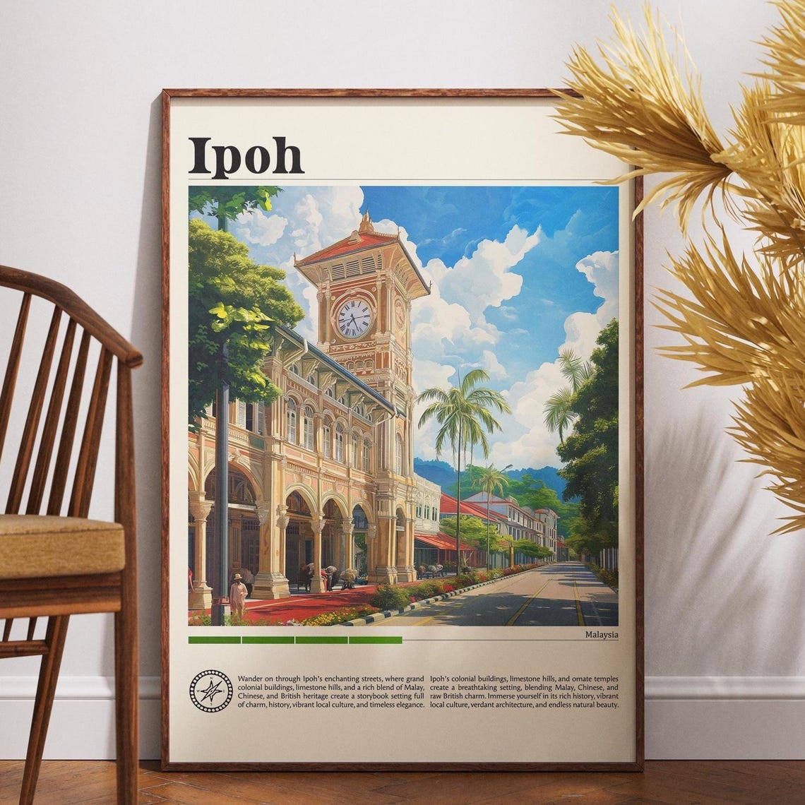 Ipoh Malaysia Historic Clock Tower Colonial Vintage Travel Poster