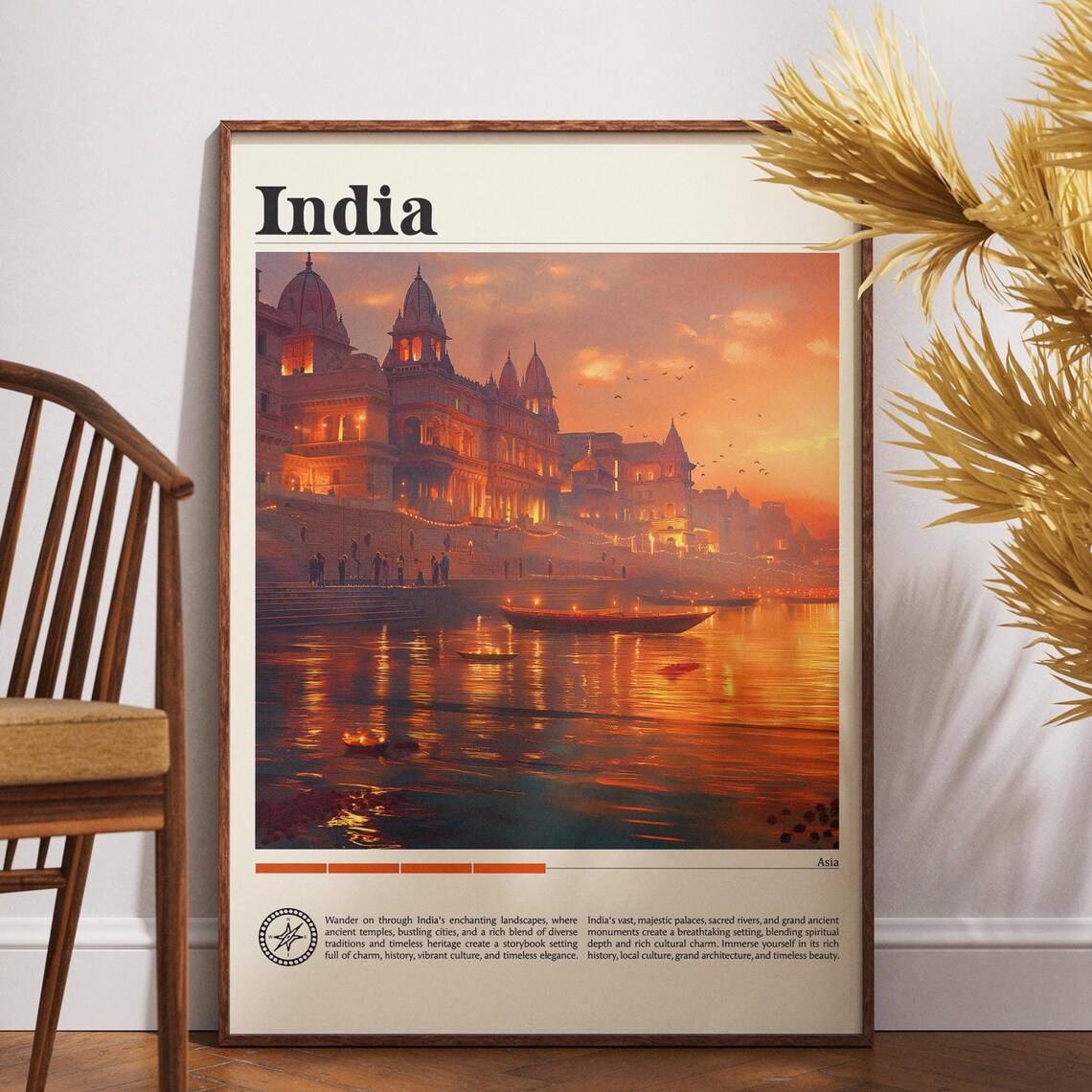 India Sunset River Temples Golden Vintage Travel Poster Decor