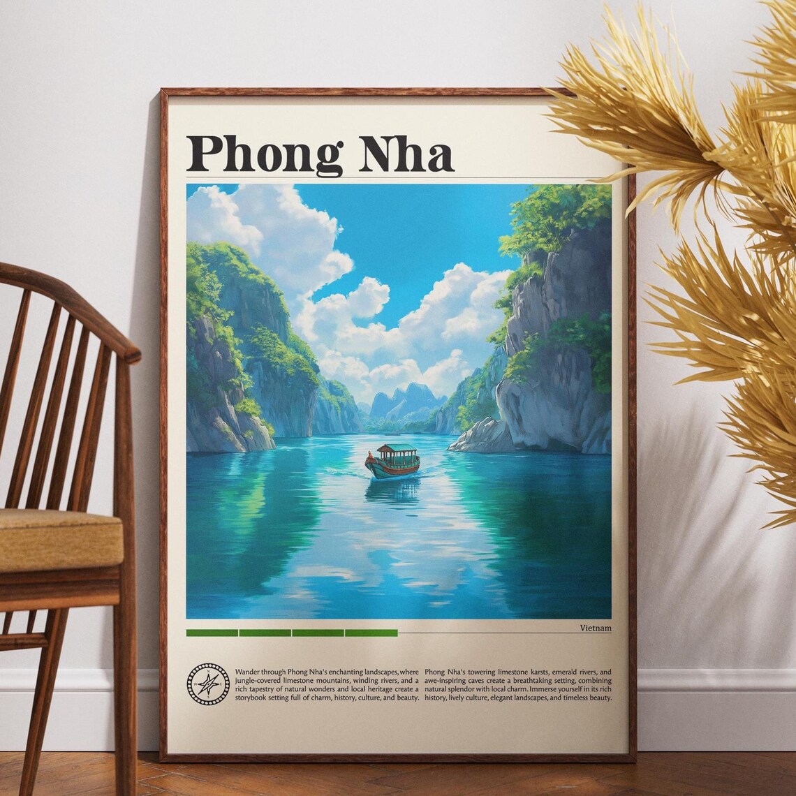 Phong Nha Vietnam Emerald River Boat Vintage Travel Art Poster
