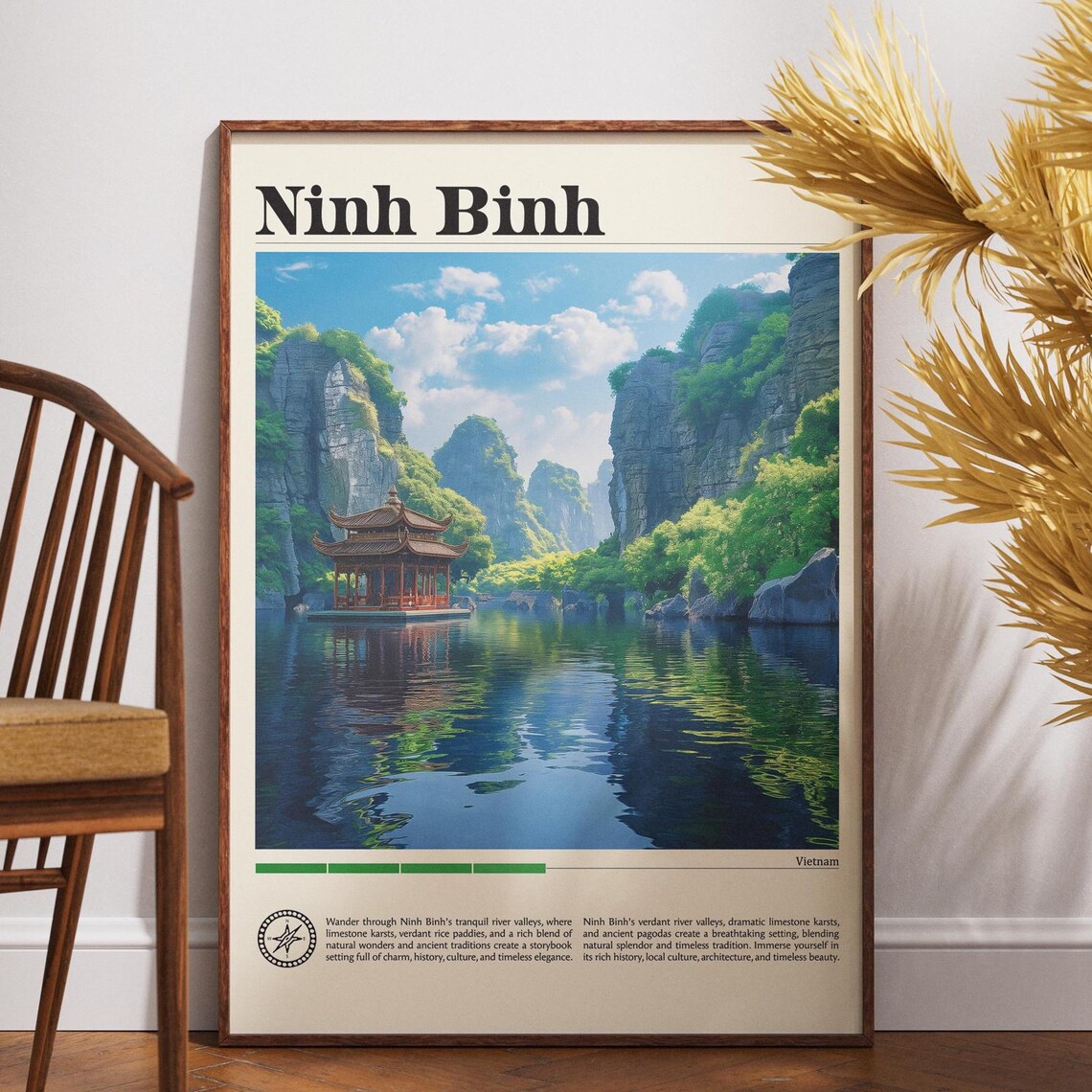 Ninh Binh Vietnam River Valley Pagoda Vintage Travel Art Poster