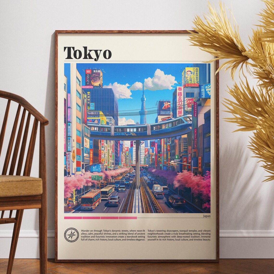 Tokyo Japan Anime Style Cityscape Monorail Sakura Bloom Poster