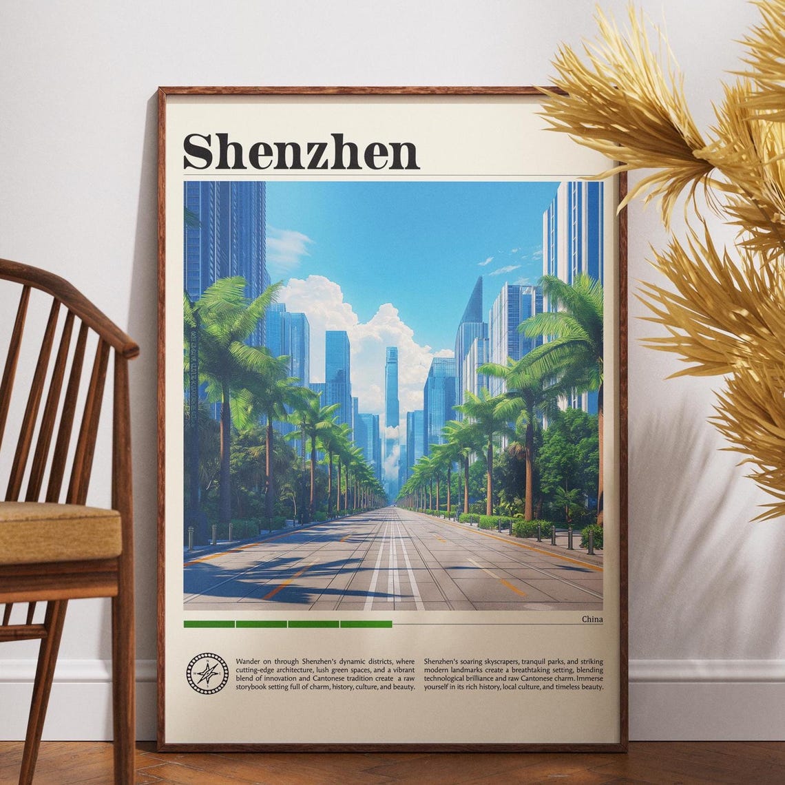 Shenzhen China Modern Skyline Palm Tree Boulevard Travel Poster