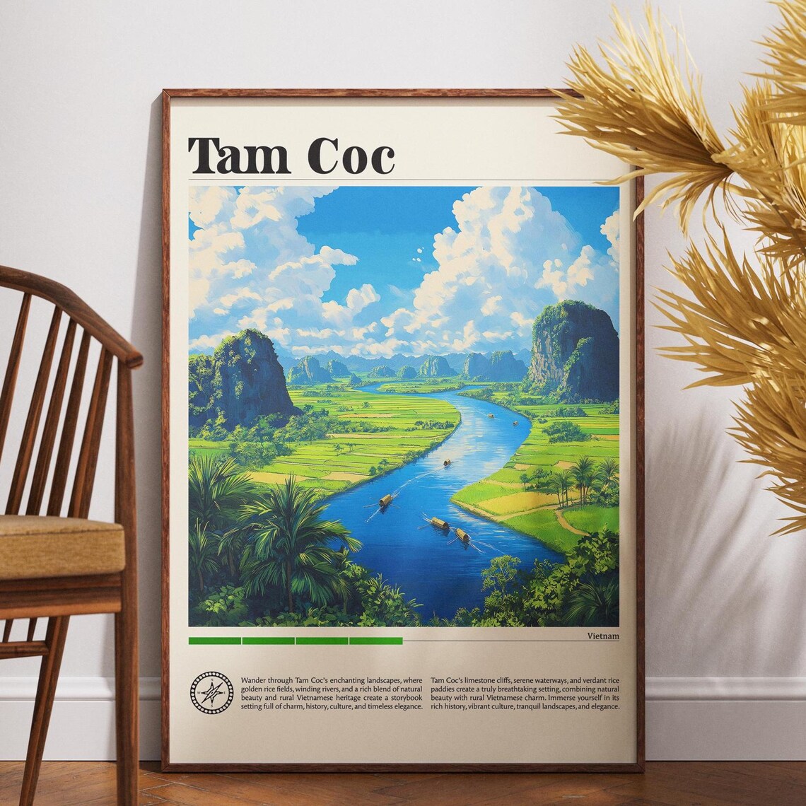 Tam Coc Vietnam Winding River Rice Fields Vintage Travel Poster