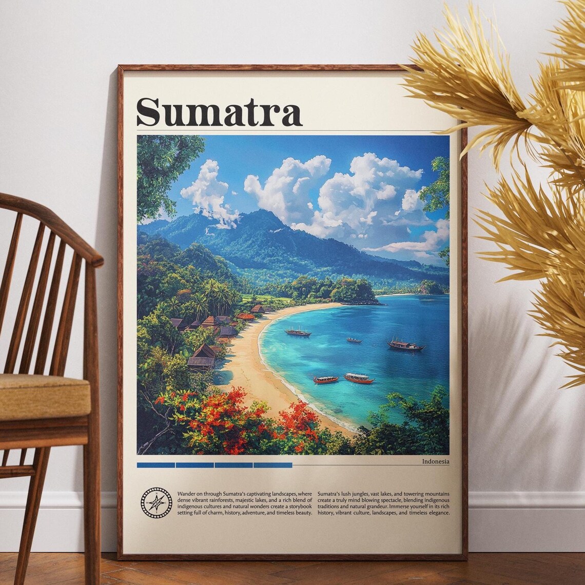 Sumatra Indonesia Tropical Beach Cove Boats Vintage Travel Poster