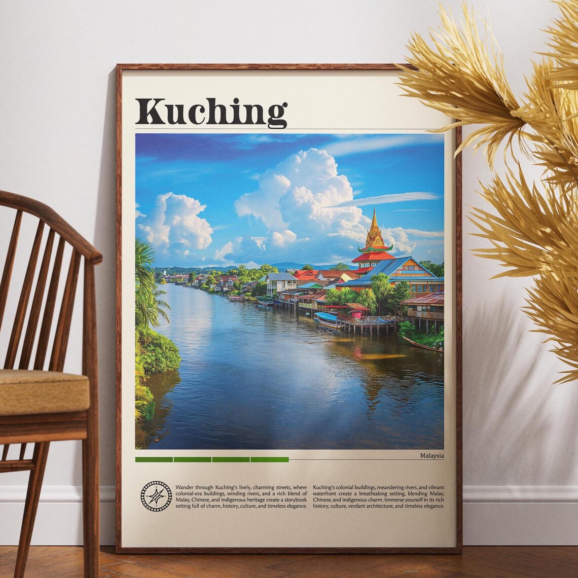 Kuching Malaysia River Waterfront City Vintage Travel Poster