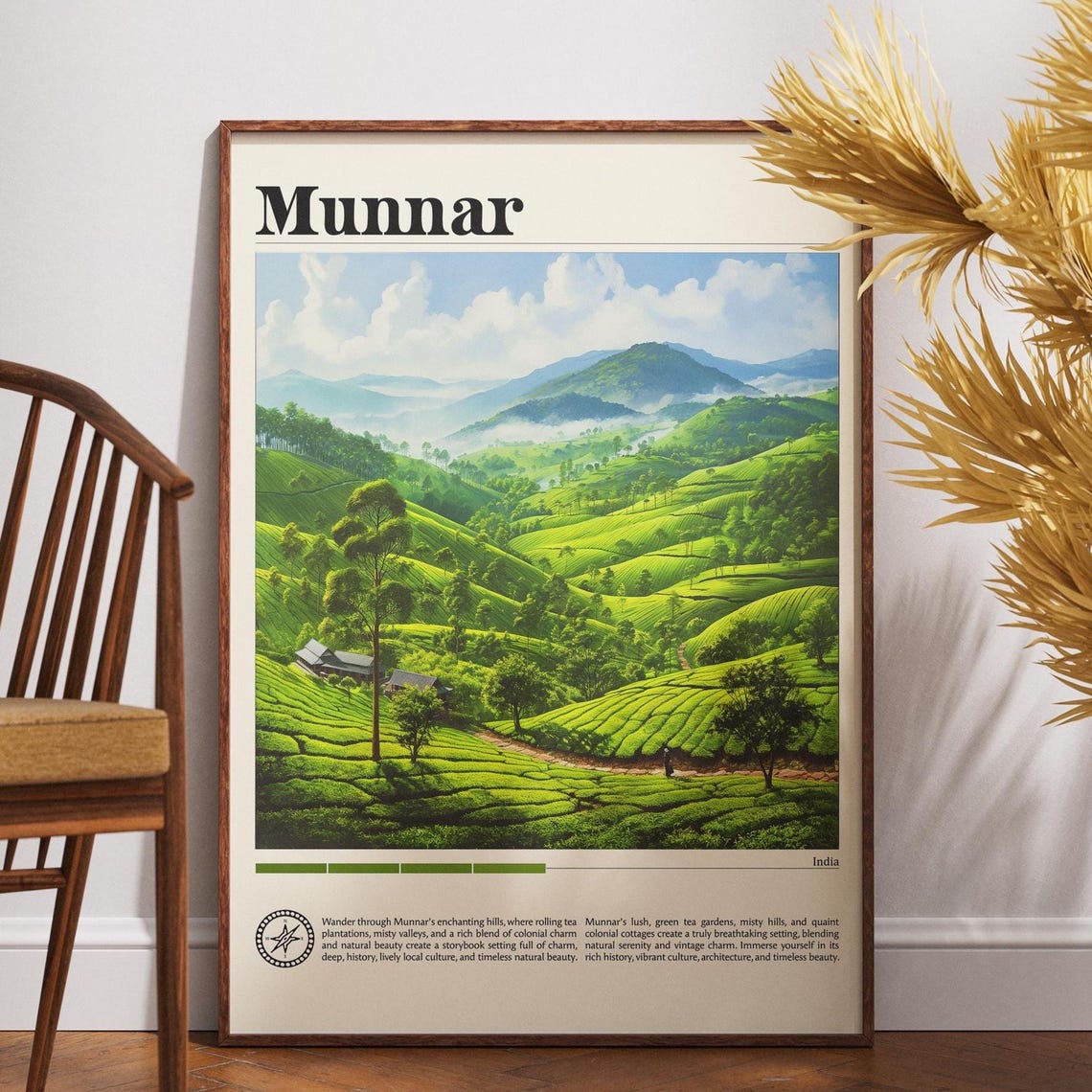 Munnar India Travel Poster Lush Tea Gardens Vintage Art Decor