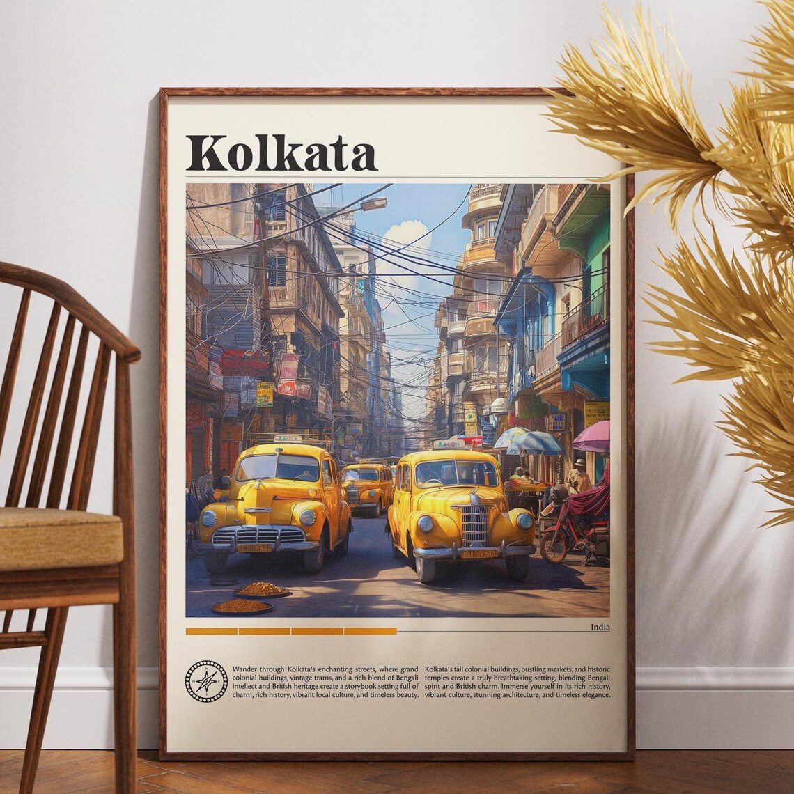 Kolkata India Travel Poster Yellow Taxi Street Scene Vintage Art