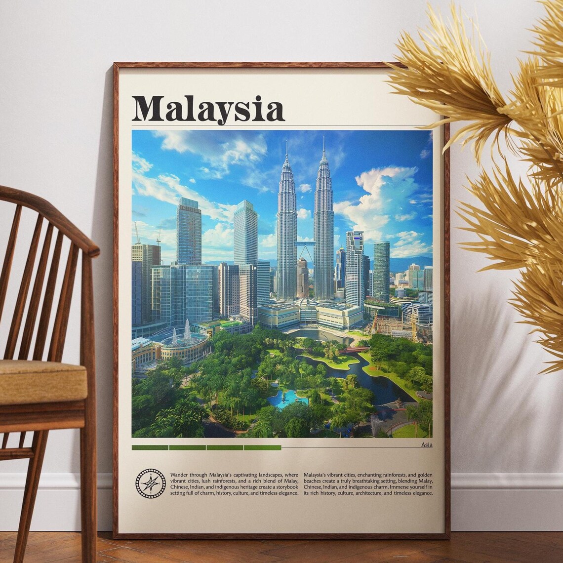 Malaysia Petronas Twin Towers Skyline Vintage Travel Art Poster