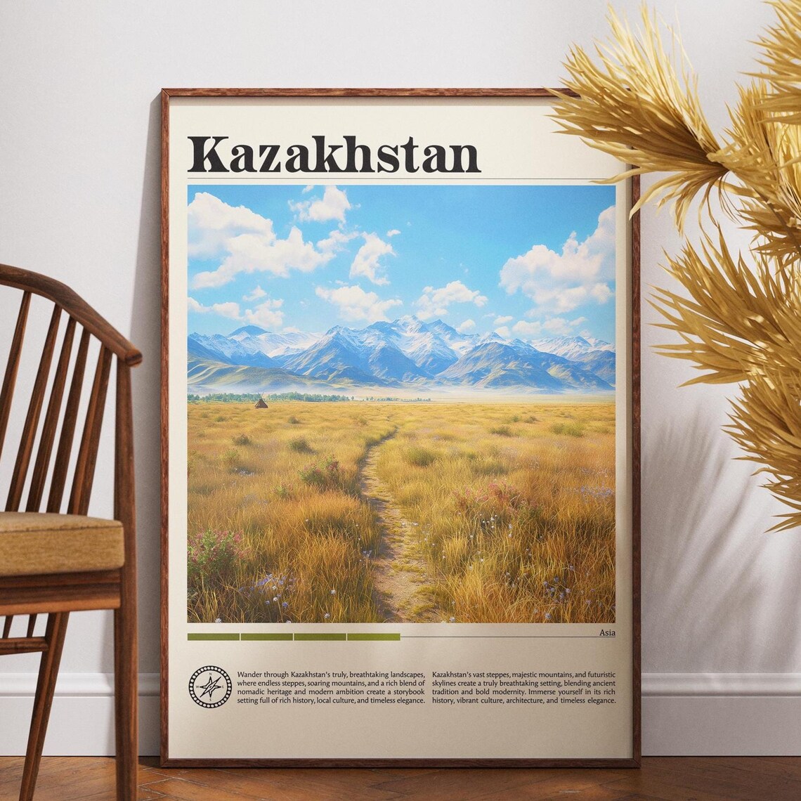 Kazakhstan Golden Steppe Mountains Road Vintage Travel Poster