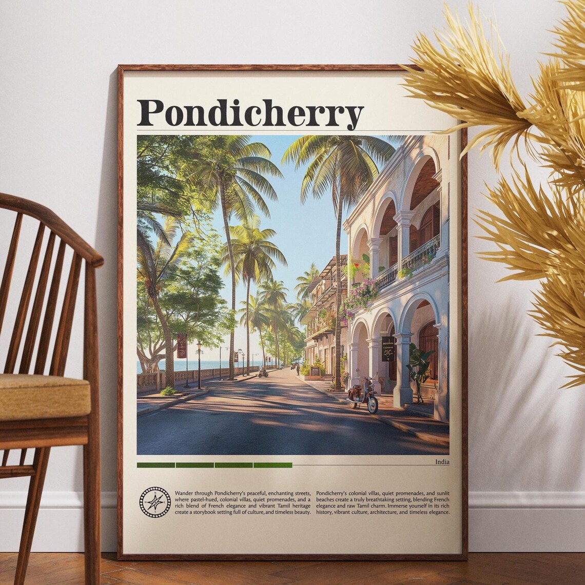 Pondicherry India French Quarter Street Vintage Travel Art Poster