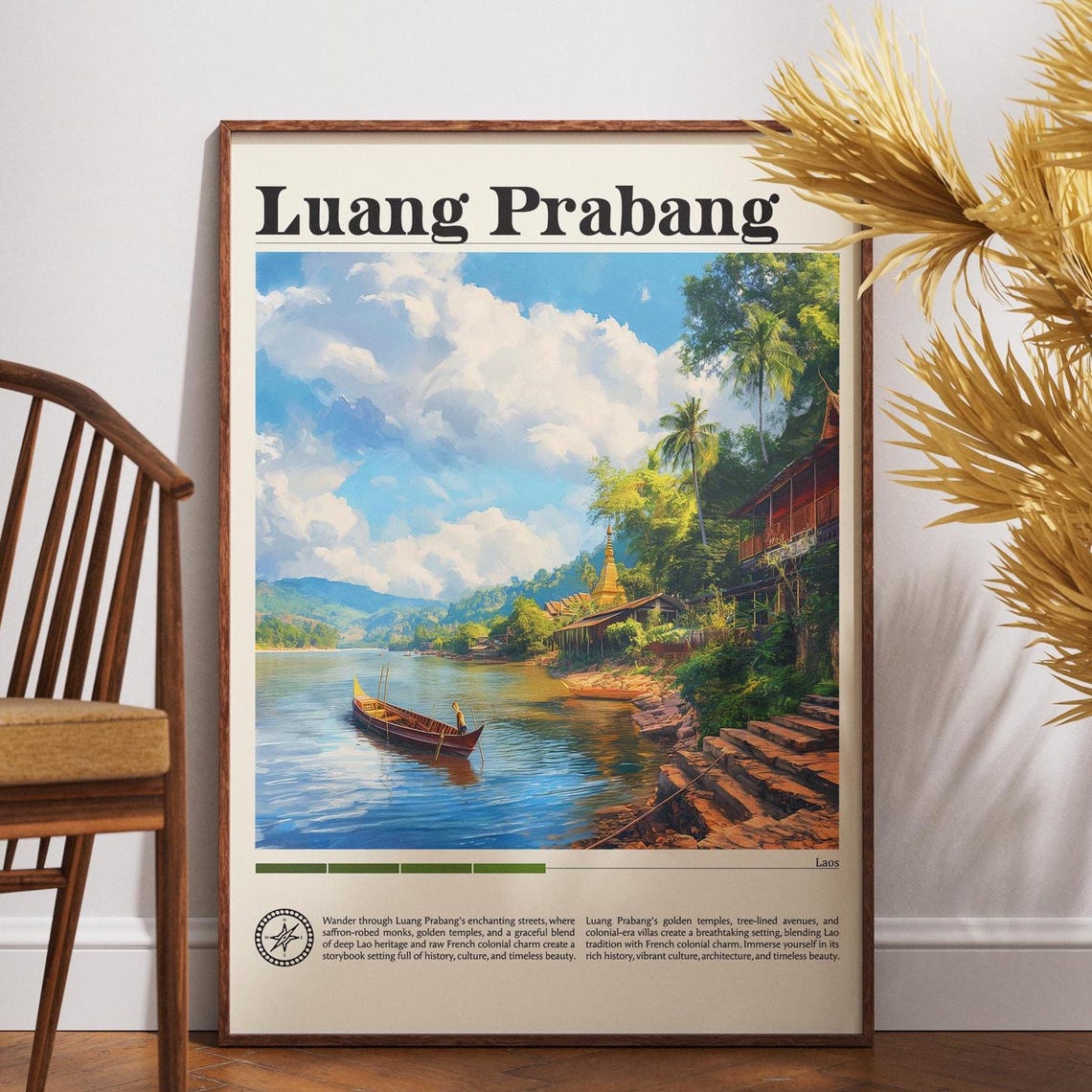 Luang Prabang River Boat Golden Temple Mekong Laos Travel Poster