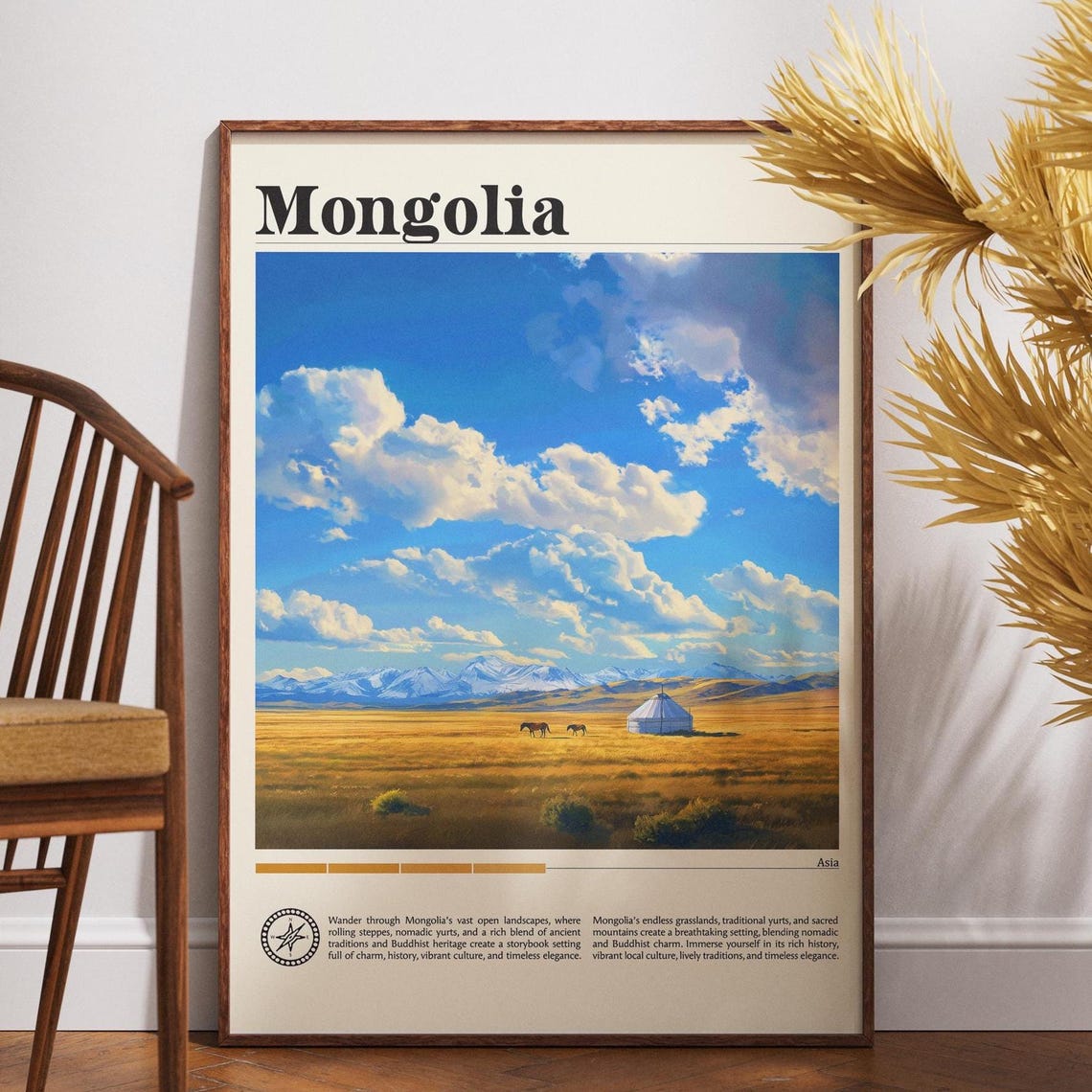 Mongolia Steppe Yurt Golden Grassland Mountain Travel Poster