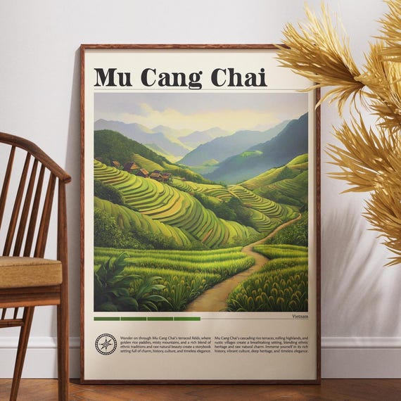 Mu Cang Chai Travel Poster Vietnam Wall Art Print Illustration Home Office Decor Rice Terrace