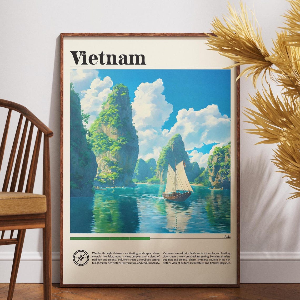 Vietnam Asia Karst Cliffs Emerald Bay Junk Boat Travel Poster