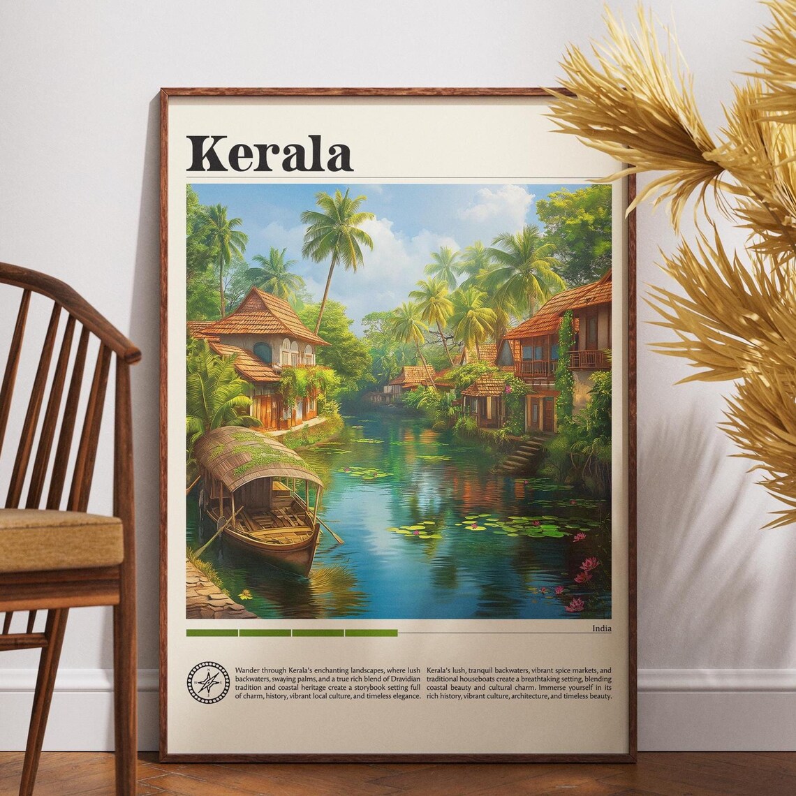 Kerala India Vintage Travel Poster Backwater Houseboat Palm Scene Art