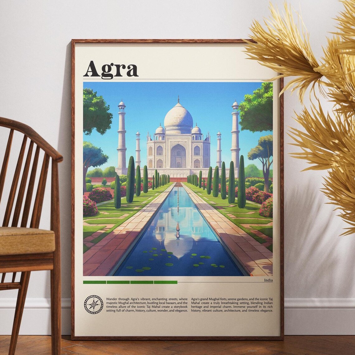 Agra India Taj Mahal Gardens Vintage Travel Poster Retro Art