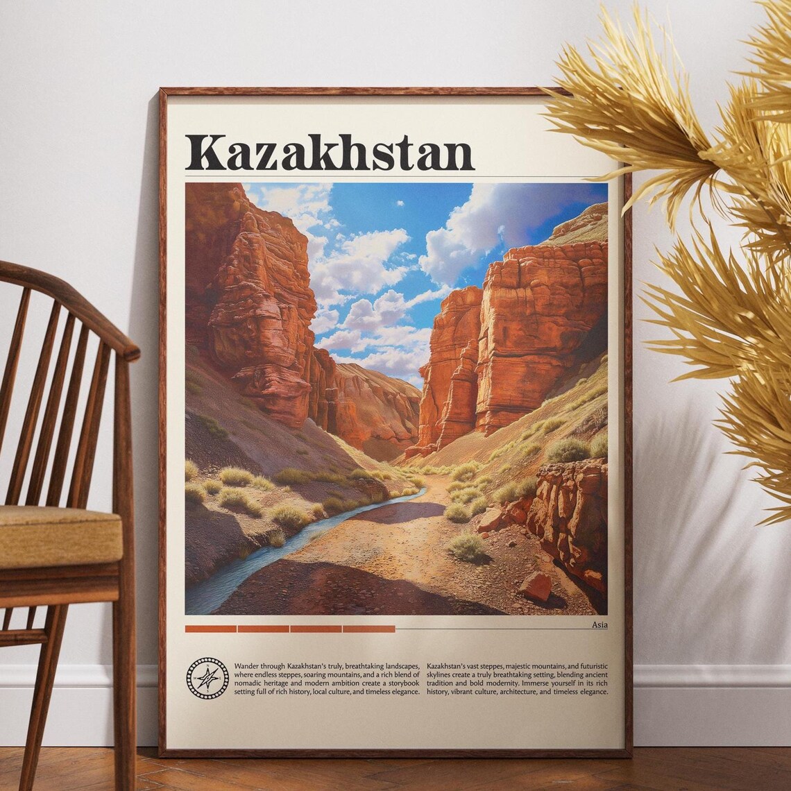 Kazakhstan Red Rock Canyon River Desert Vintage Travel Poster
