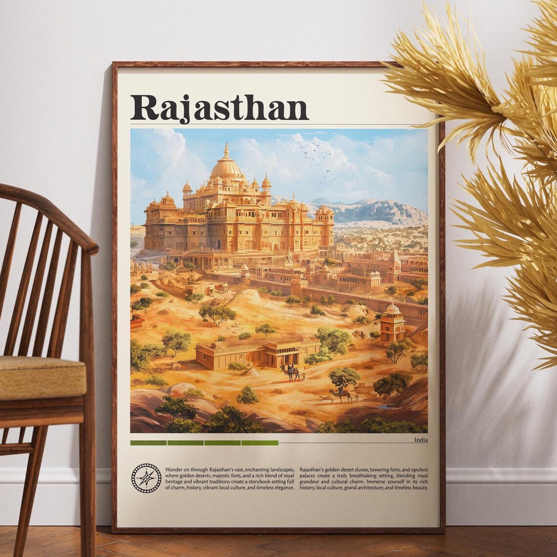 Rajasthan India Golden Palace Fort Desert Vintage Travel Poster