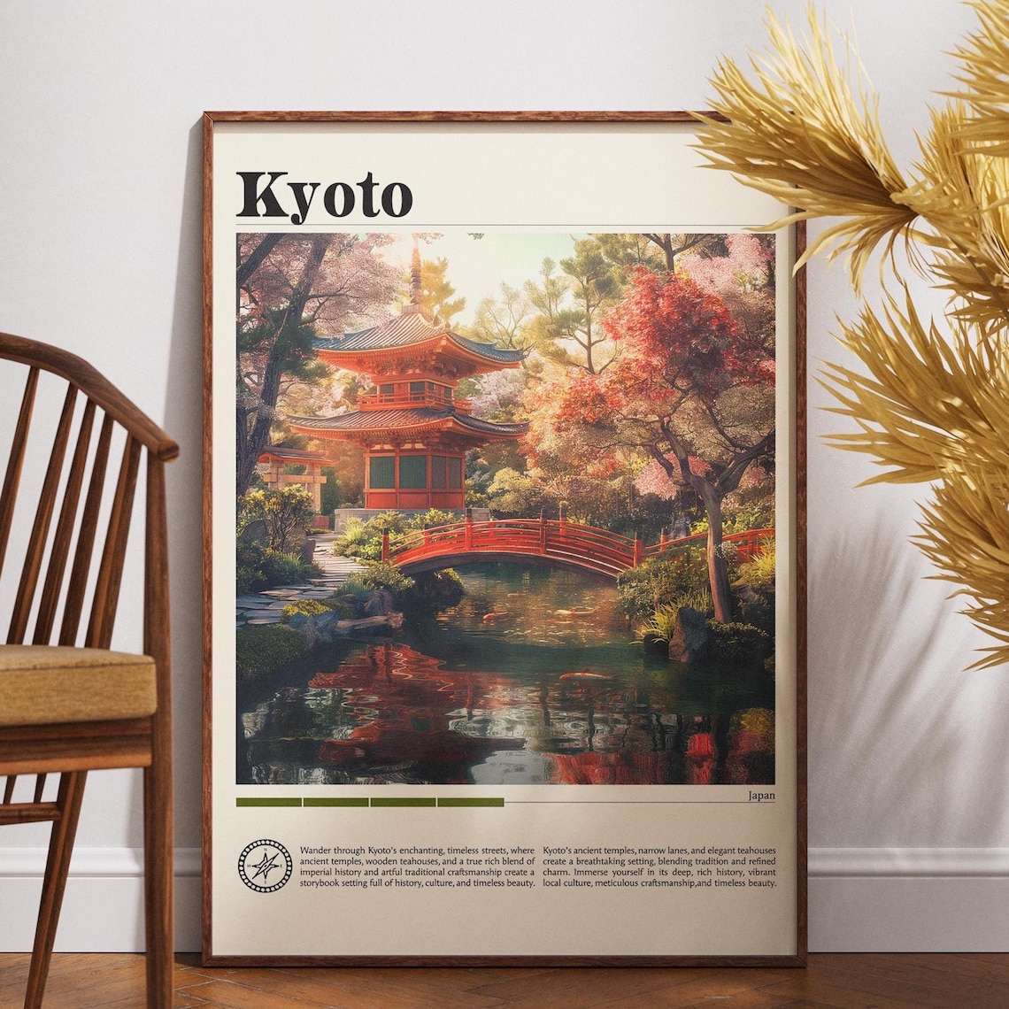 Kyoto Japan Temple Garden Red Bridge Autumn Foliage Art Poster