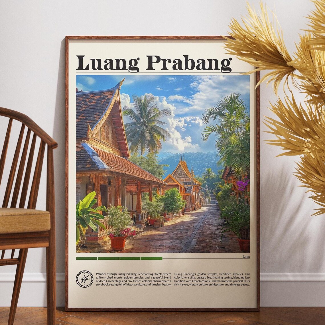 Luang Prabang Laos Golden Temple Street Tropical Travel Poster Art