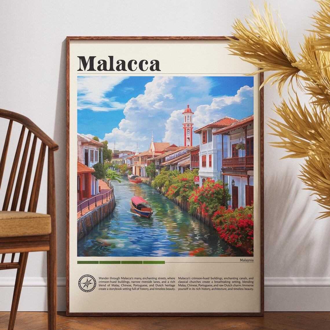 Malacca Malaysia River Canal Shophouses Historic Travel Poster