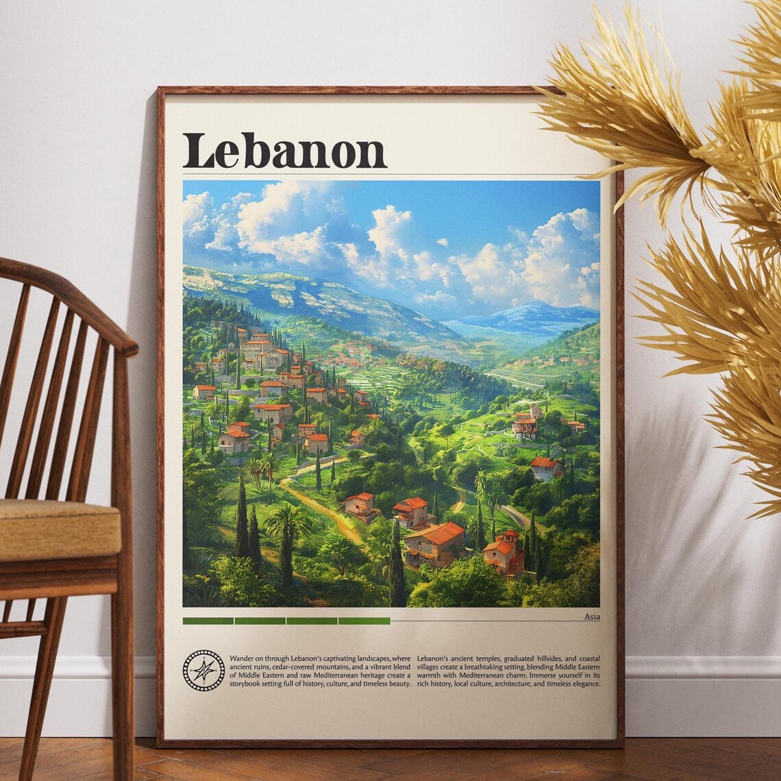 Lebanon Green Mountain Valley Village Retro Travel Style Print