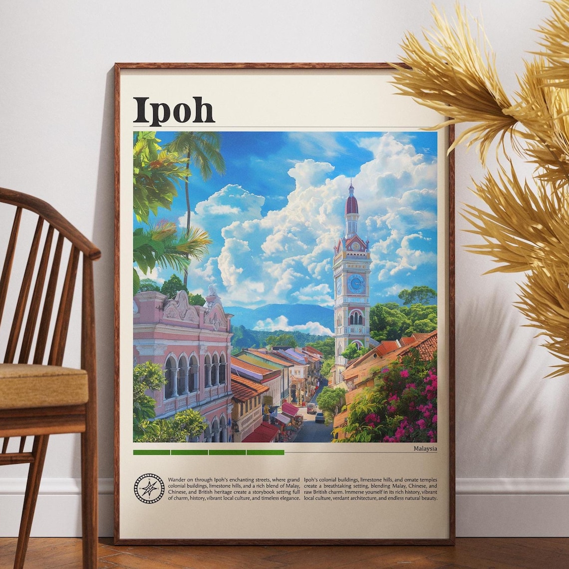 Ipoh Malaysia Clock Tower Colonial Street Vintage Travel Poster
