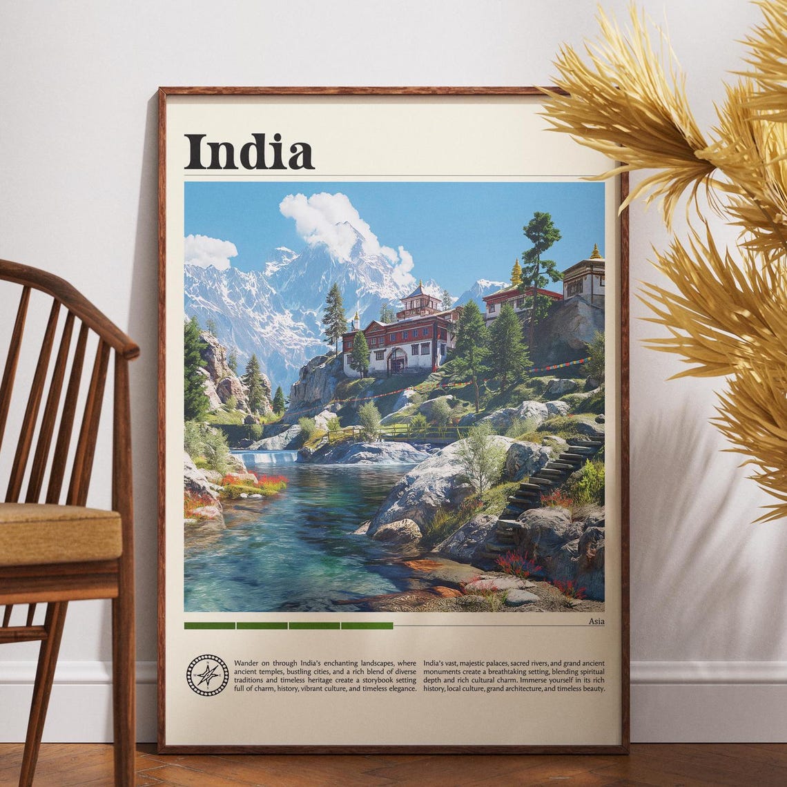 India Himalayan Monastery Mountain River Vintage Travel Poster