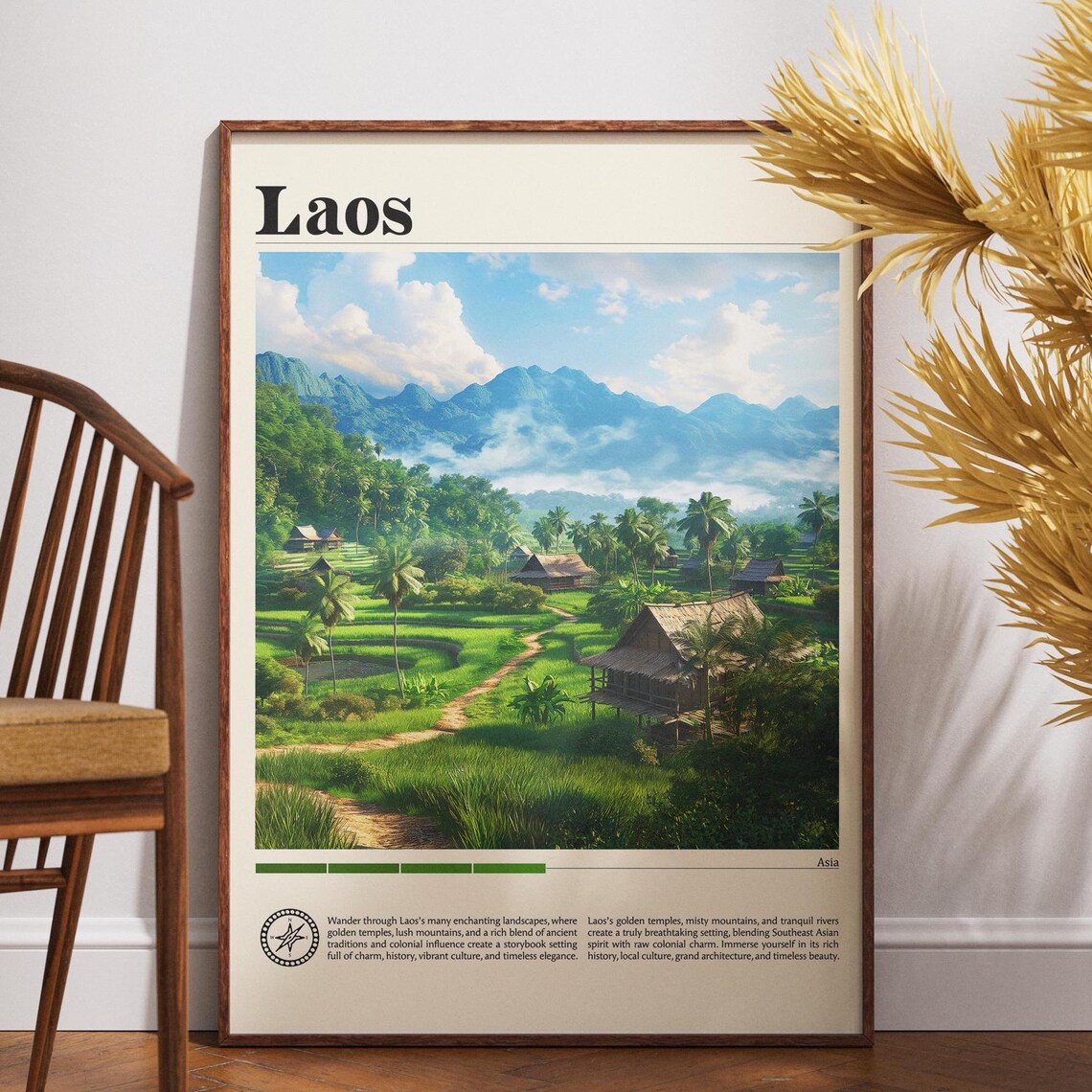 Laos Southeast Asia Rice Fields Village Vintage Travel Poster