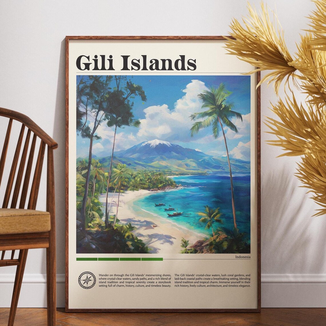 Gili Islands Indonesia Tropical Beach Palm Volcano Vintage Travel Poster