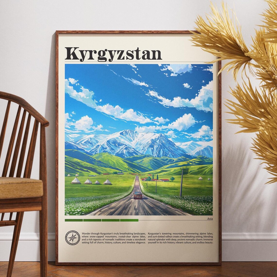 Kyrgyzstan Green Valley Yurt Road Meadow Vintage Travel Poster