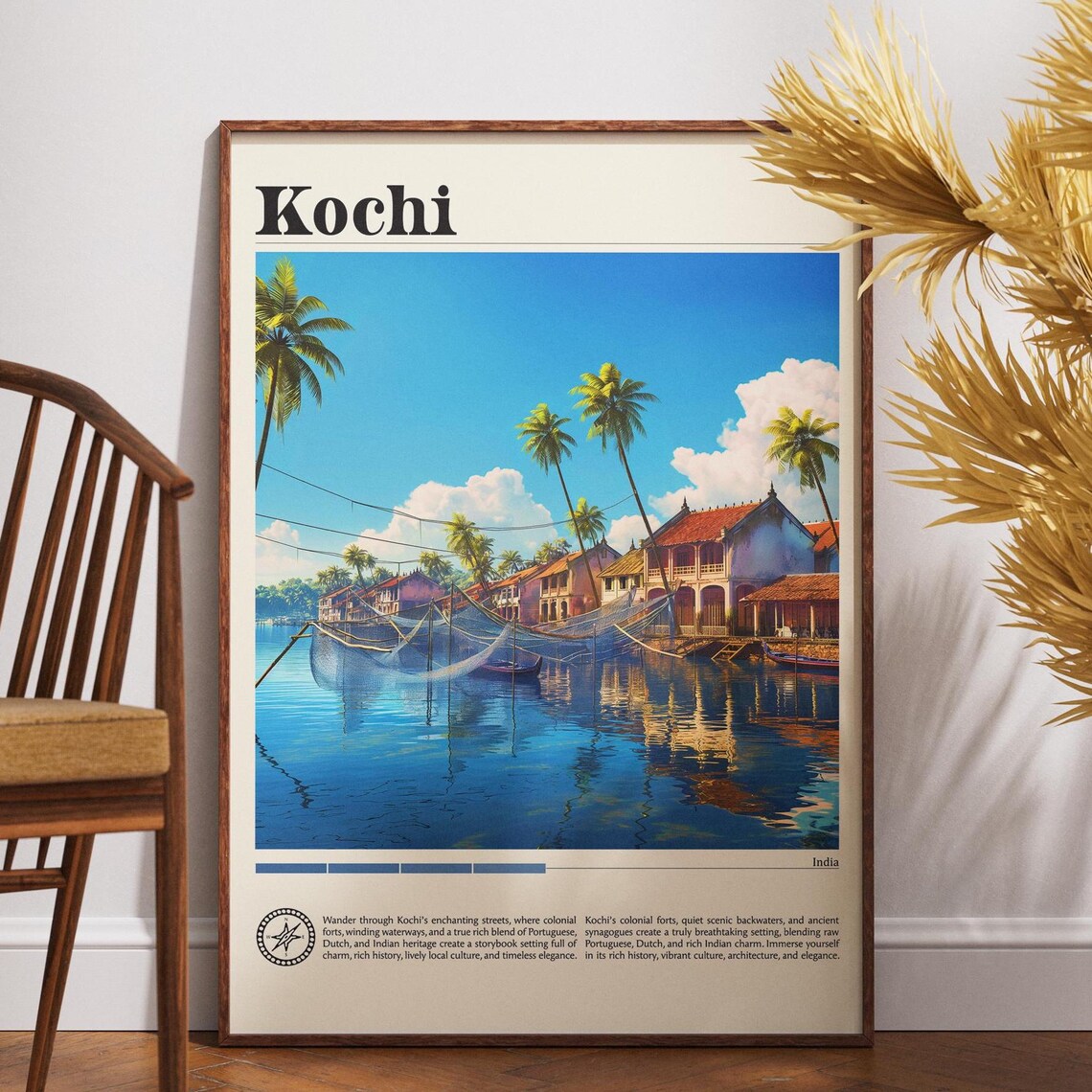 Kochi India Travel Poster Fishing Nets Waterfront Colonial Houses