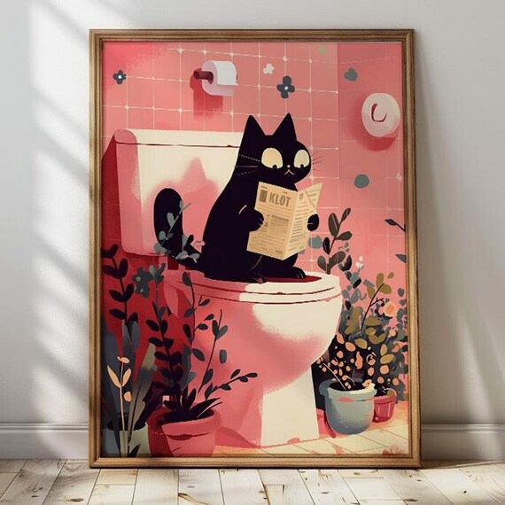 Bathroom Black Cat Reading Newspaper on Toilet Funny Cat Poster