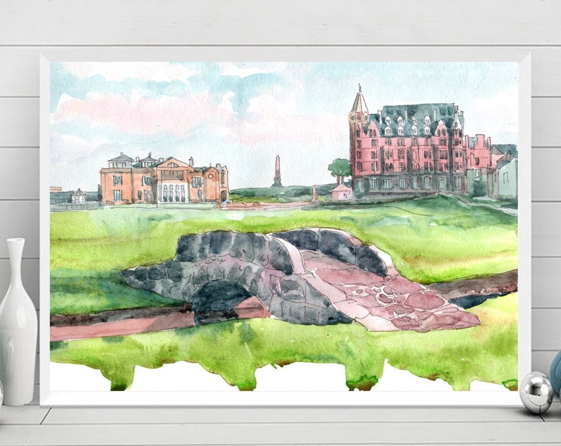 St Andrews Old Course Watercolor Painting, Scotland Golf